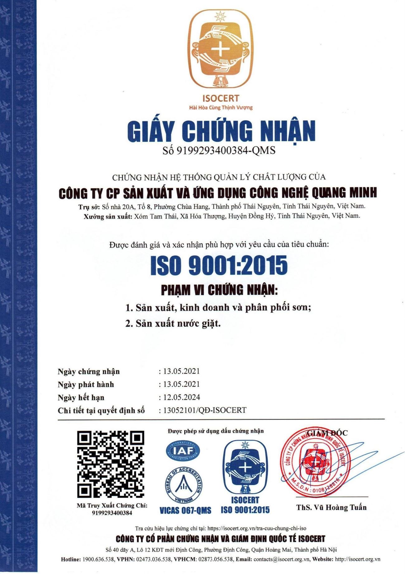 Chứng chỉ chất lượng ISO 9001:2015