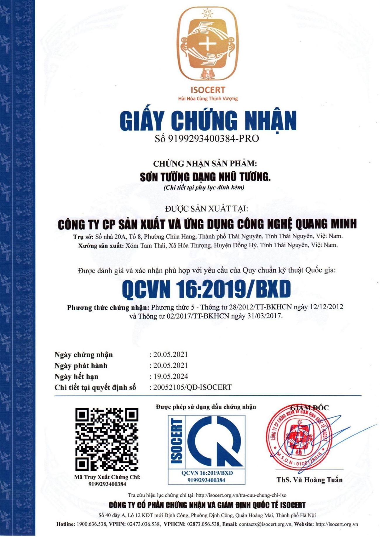 Giấy chứng nhận QCVN 16: 2019/BXD